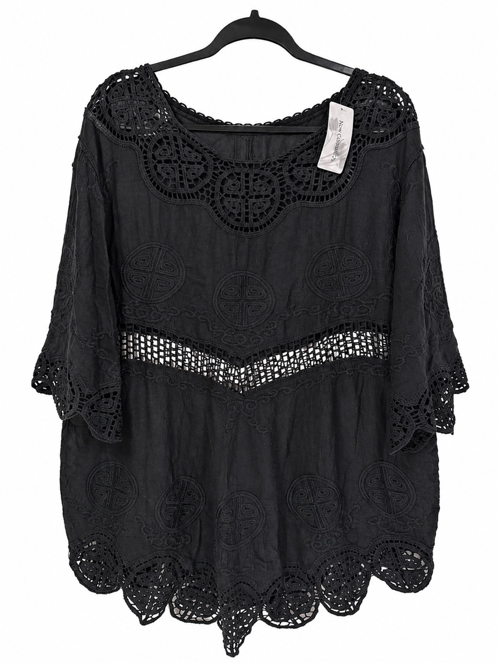 NWT Black Cotton Crochet Lace Boho Tunic Top Cover Up One Size